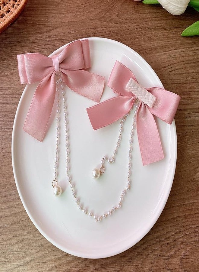 TUCEWP Satin Bow Hair Clips Pearl Tassel Chain Hair Bows Barrettes Pink Bow Claw Clip Hairpins Sweet Bowknot Snap Hair Clip Small Cute Alligator Hair Clips Hair Accessories for Women Girls Toddlers - Image 5